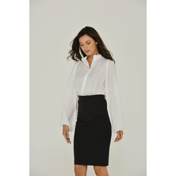 White Long Sleeve Mandarin Blouse w/ Removable Bow | NWT | Made in USA - Picture 5 of 6